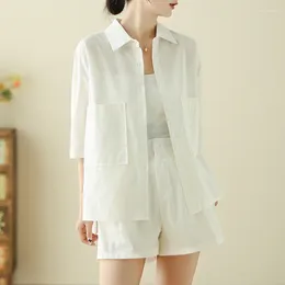 Women's Tracksuits Cotton And Linen Wide-leg Shorts Seven-sleeve Shirt Suit Summer Loose Elegant Casual Top Pants Two-piece Set
