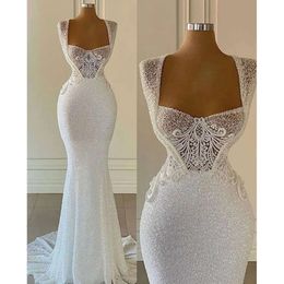 Brautkleider elegante Hochzeit Meerjungfrau Kleid Lace Applique ärmellose funkeln