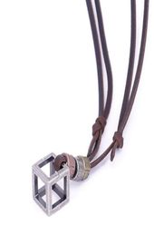 Retro Male Necklace 100 Genuine Leather Rope Punk Vintage Collar Jewellery Hollow Cube Box Pendant For Men Necklaces5721677