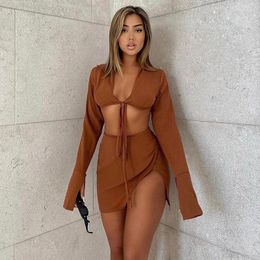 Work Dresses Style Autumn And Winter Women's Long-Sleeved Lace-up Cardigan Sexy Split Sheath Skirt Casual SuitCok