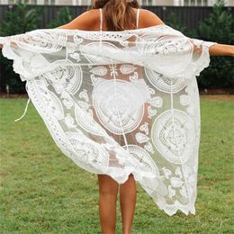 Women Beach Wear 2022 Sexy Women Beach Long Blouse Floral Shr Lace Summer Cardigan Long Kimono Kaftan White Lace Long Maxi Wrap Top Cover Up Y240504