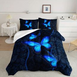 Duvet Cover 3pcs Modern Fashion Polyester Set (1*Comforter + 2*Pillowcase, Without Core), Bohemian Style Blue Butterfly Print Bedding Set, Soft Comfortable And