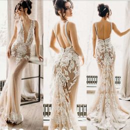 Sukienki z iluzji syreny sheer var v koronkowe aplikacje cekiny bez pleców sukienki ślubne z odłączającymi się pociągami ślubnymi
