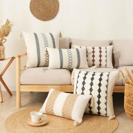 Cushion Boho Cotton and Linen Tassel Cushion Cover Geometric Woven Crochet Pillowcases Fringed Handmade Home Decoration 55x55/60x60cm