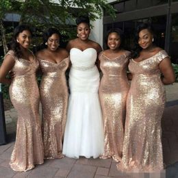 Dresses Rose Gold Sequins Bridesmaid 2020 African Plus Size Straps Off The Shoulder Floor Length Maid Of Honor Gown Wedding Party Wear