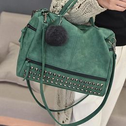 Shoulder Bags Vintage Nubuck Leather Ladies Handbags Rivet Larger Women Hair Ball Bag Motorcycle Messenger Top-Handle