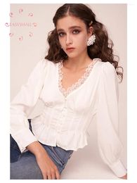 Women's Polos Easysmall Forlovelemons Shirt Retro French High-end White Lace Seaside Vacation Bubble Sleeve Top Mesh Clothes Tank Casual
