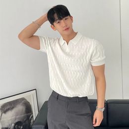 Summer Clothing Mens Light Luxury Knitted Jacquard Polo Shirt V-Neck Solid Color Short-sleeved Korean Leisure Knitwear 240428