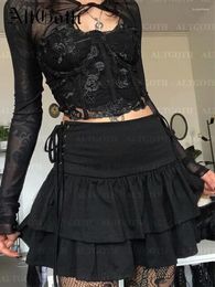 Skirts AltGoth Y2k Gothic Cake Skirt Women Dark Punk Streetwear Bandage High Waist Harajuku Grunge Emo Alternative Clubwear