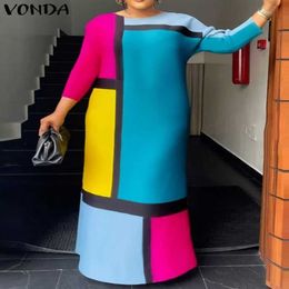 Basic Casual Dresses Plus Size 5XL VONDA Bohemian Long Dress Autumn Womens Fashion Elegant 3/4 Sleeves Casual Sun Dress Colourful Patch Work Party DressL240521