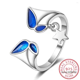 Cluster Rings 925 Sterling Silver Blue Enamel Delicate Butterfly Opening Ring Elf Adjustable For Women Fine Jewelry BSR484-E