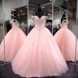 Quinceanera pink платья рукава рукава кепка из бисера -хрустальный тюл 2019 Ball Hown Sweet 16 Pram Formarge Formal Evening Wear Ocn.