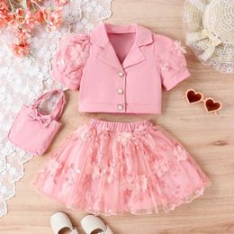 Clothing Sets Summer Girls Clothes Puff Sleeve Lapel Suit Jacket Gauze Butterfly Pleated Skirt Bag Kids Children's Casual