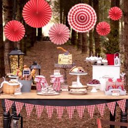 Banner Flags Red Plaid White Triangle Paper Fan with Fabric Flag Bunting for Birthday Carnival Picnic Outdoor Home Party Festivals Decoration