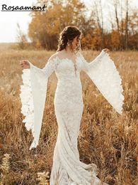 Boho Wedding Dresses 2024 V-Neck Long Puff Sleeve Vestido De Novia Appliques Backless Boho Robe De Mariee