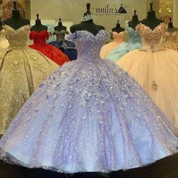 Flowers Dresses Lavender Quinceanera Handmade Embroidery Off The Shoulder Straps Beaded Floor Length Corset Back Sweet 16 Party Prom Ball Evening Vestidos