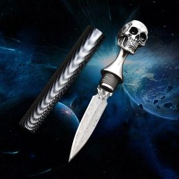 Troffel Damascus Steel Ghost Head Knife Skull Tea Cone Handmade Tea Needle M390 Blade Camping Tool Selfdefense Knife Fixed Blade Knife