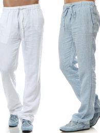 Men's Pants White Beach Elastic Waist Breathable Cotton Linen Casual