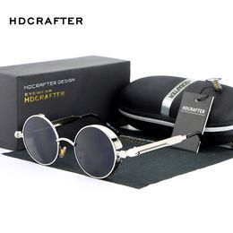HDCRAFTER Vintage Round Metal Steampunk Sunglasses Polarized Brand Designer Retro Steam Punk Sun Glasses for Men 190o
