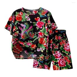 Men's Tracksuits Northeastern Floral Print T-shirt Shorts Set Chinese Ethnic Style Outfit With O-neck Short Sleeve Tops Wide For Summer