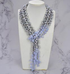 GuaiGuai Jewelry 3 Strands Gray Pearl Blue Chalcedony Agates Long Necklace Handmade For Women Real Gems Stone Lady Fashion Jewelle5613143