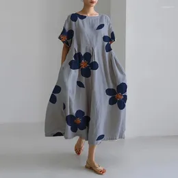 Party Dresses Autumn Summer Fashion Commuting Dress For Women Casual Flower Printing O Neck Short Sleeves Mid Waist Elegant Loose