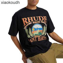 Rhude High end designer clothes for Sunshine Beach Palm Tree Beach Chair Printed High Street Fashion Loose Cotton Short Sleeve T-shirt With 1:1 original labels