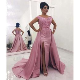 Pink 2019 Evening Size Plus Dresses Overskirt Side High Slit Capped Sleeves Lace Applique Custom Made Celebrity Party Prom Ball Gown