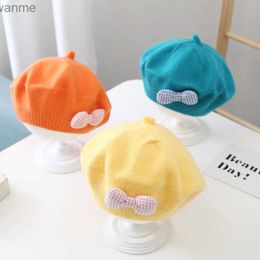 Caps Hats Korean retro knitted baby beret cute flat bottomed bow solid color childrens beret autumn warm childrens girl artist painter hat WX