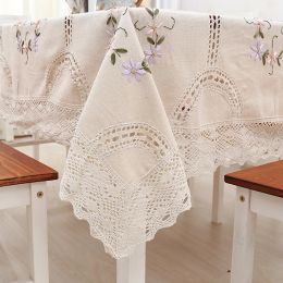 Pads Cotton Linen Classica Tablecloth Hand Crocheted Embroidered Lace Hem European Style Cover Washable Table Cloth for Tea Table