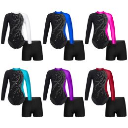 Gymnastics Children Girls Athletic Gymnastics Dancewear Clothes 2Pcs Glitter Long Sleeve Leotards with Shorts Yoga Dance Skating Sportswear