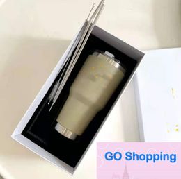 Fashion Foreign Trade Cross-Border Large Ice Cup Insulation Cup with Two Stainless Steel Straws with Brush Vacuum Cup