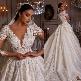 Lace V-Neck Dresses Ball Long Wedding Glamorous Sleeves 3D-Floral Applicants Sequins Organza Chapel Gown Custom Made Plus Side Vestidos De Novia