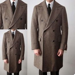 Men Houndstooth Suits Style Made British Custom Windbreaker Double Breasted Tuxedos Peaked Lapel Blazer Business Long Coat