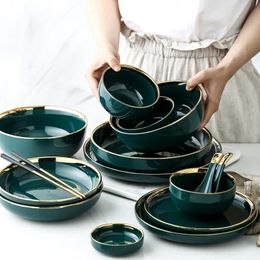 Dishes & Plates Ableware Bowl Dinner Dish Green Ceramic And Sets Gold Inlay Plate Steak THigh Porcelain Dinnerware Set 290T