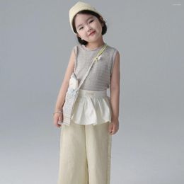Clothing Sets Korea Children's 2024 Summer Girls Sleeveless Lace Knitting Vest Embroidery Wide Leg Pants Kids Clothes
