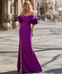 Elegant Long Purple Crepe Prom Dresses With Ruffles/Slit Mermaid Sweetheart Sweep Train Pleated Zipper Back Evening Dresses for Women