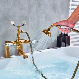 Bathroom Sink Faucets Vidric Antique Brass Bathtub Shower Faucet Porcelain Deco Dual Handles Mixer Tap Deck Mount With Angle Adjustable