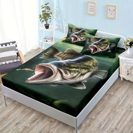 Duvet Cover 3pcs 100% Polyester Print Set Teens Bedroom Decoration, Big Eating Small Fish Pattern Hunting Fishing Bedding Set, 1 Fitted Sheet + 2 Pillowcases Without Core