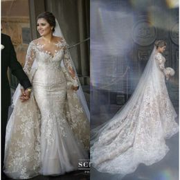 Mermaid With Arabic Dresses Vintage Detachable Train Sheer Neck Lace Appliques Plus Size Wedding Dress Long Sleeve Bridal Gowns