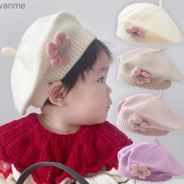 Caps Hats Flower beret knitted flat top baby hat winter warm wool knitted hat 1-4 years childrens fashion hat painter beret WX