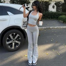 Women's Pants Two Piece Pant Suits Women Outfits Sleeveless Halter Cropped Top And High Waist Flare Streetwear Joggers Matching Set