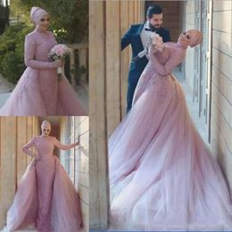 Muslim Pink 2021 Kleider Blush Mermaid mit Überwachung Tüll Spitze Applikat hoher Nacken maßgeschneiderter Hochzeitskleid Vestido de Novia