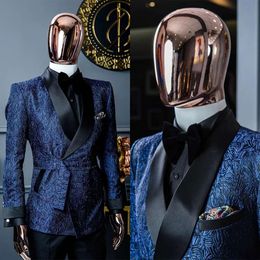 Tuxedos Suits Men Pieces Wedding 2 Exquisite High Quality Jacquard Fabric Shawl Lapel Customize Coat Pants Fashion Formal Casual Prom Tailored