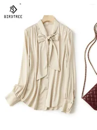 Women's Blouses Birdtree 93%Real Silk Elegant Ribbon Bow Shirt Inner Layer Long Sleeved Shawl Collar OL Commuting Autumn T3D2105QC