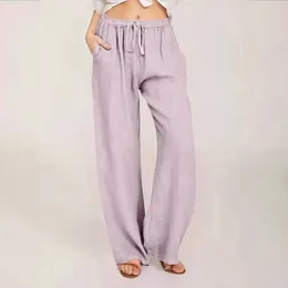 Women's Pants For Women 2024 Cotton Linen Summer Wide Leg Casual Loose Drawstring High Waist Palazzo Cargo