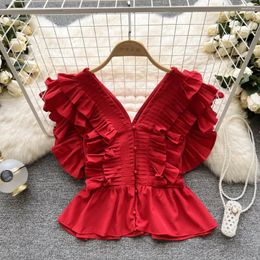 Women's Blouses Summer Sexy Sleeveless V-Neck Pleated Ruffles Red Shirt Runway Women Single-Breasted White Camisas Mujer Black Tops