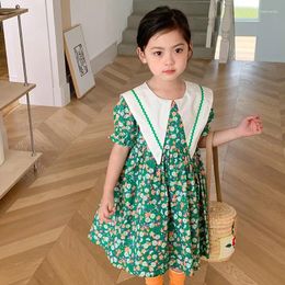 Girl Dresses Baby Girls Puff Sleeves Large Lapel Dress Green Flower Printed Birthday Party Sweet Lovely Children Princess