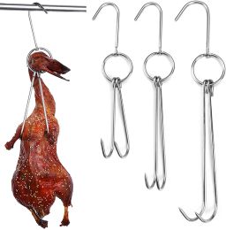 Grills Stainless Steel Meat Hooks with Double Hook Poultry Roast Duck Bacon Hanging Hook Grill Hanger for Drying Cooking BBQ Utensils