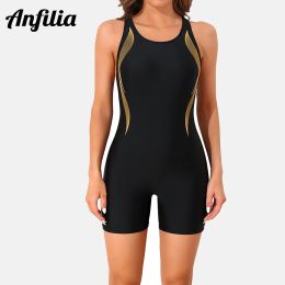 Suits Anfilia Women Onepiece Sports Swimsuit Professional Training Athletic Boyleg Racerback Bathing Suit Wave Line Printing Swimwear